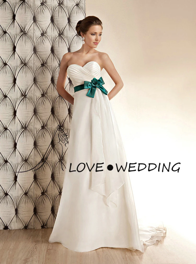 Simple White And Green Bow Sweetheart A-line Wedding Dress WQ10 Simple White And Green Bow Sweetheart A-line Wedding Dress WQ10