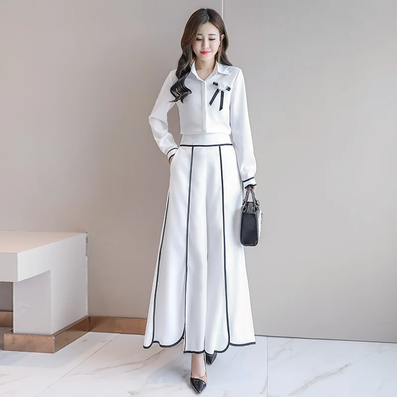 Белый черный корейский женский деловой костюм Лето женские комплекты из двух частей шифоновые элегантные женские брюки и набор блуз DD2159 - Цвет: 1