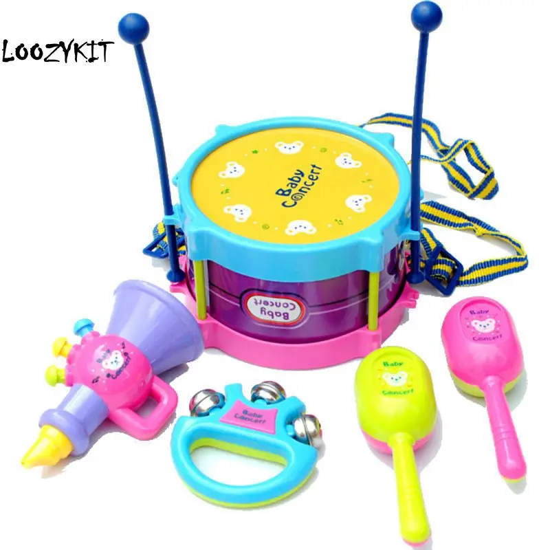

Loozykit Hot Seller 5pcs Kids Baby Roll Drum Musical Instruments Kit Children Toy Wholesale For Boys Girls Gift Brain Game