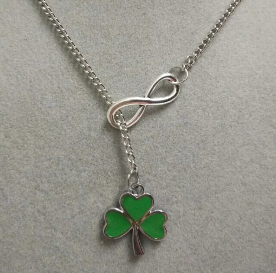 

lucky 8&ALLOYGREEN 3-LEAF CLOVER IRISH SHAMROCK CORD Fashion Vintage silver charm sweater chain necklace Women jewelry Gift X102