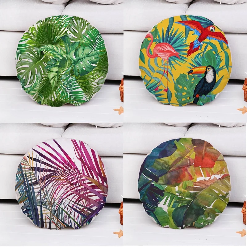 

Parrot Birds Round Cushion Covers Flower Plam Tree Leaf Pillows Cases Linen Cotton Pillow Covers Bedroom Sofa Decoration