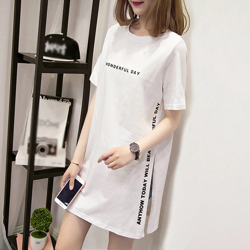 Женская Повседневная летняя футболка большого размера, длинная футболка с надписями, топы с разрезом, черные белые корейские рубашки, модная длинная футболка