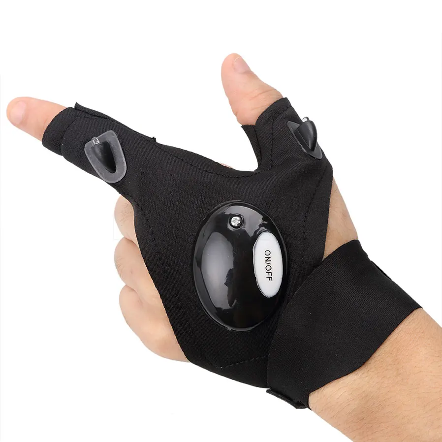 Right/Left Hand Adjustable Magic strap Fingerless Glove With LED Flashlight 