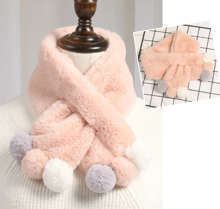 Light pink Зимний милый детский шарф, шарфы для мальчиков и девочек, детский шарф с воротником из искусственного меха кролика с помпоном, теплые шарфы - Цвет: Light pink