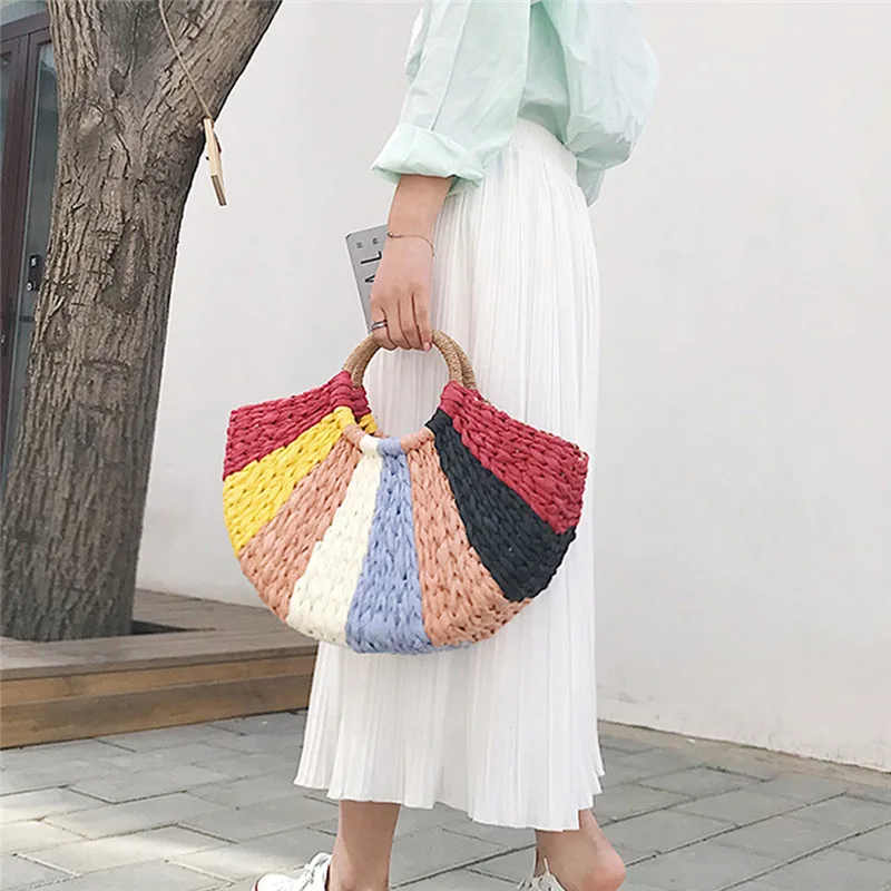 

Handmade Beach Bag Round Straw Totes Bag Large Bucket Summer Bags Women Natural Basket Handbag High Quality fashion elegant bag
