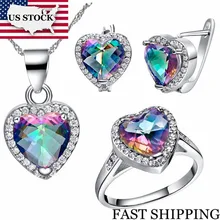 США скидка 50% на красочные кристаллы серебряные Свадебные Ювелирные наборы серьги кольцо ожерелье сердце ювелирный набор Uloveido T481