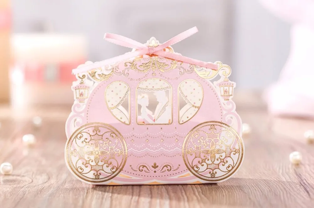 

Pink Carriage wedding party favor candy box, marriage engagement gifts sweets dragee packaging, chocolate bomboniere bag ,50pcs