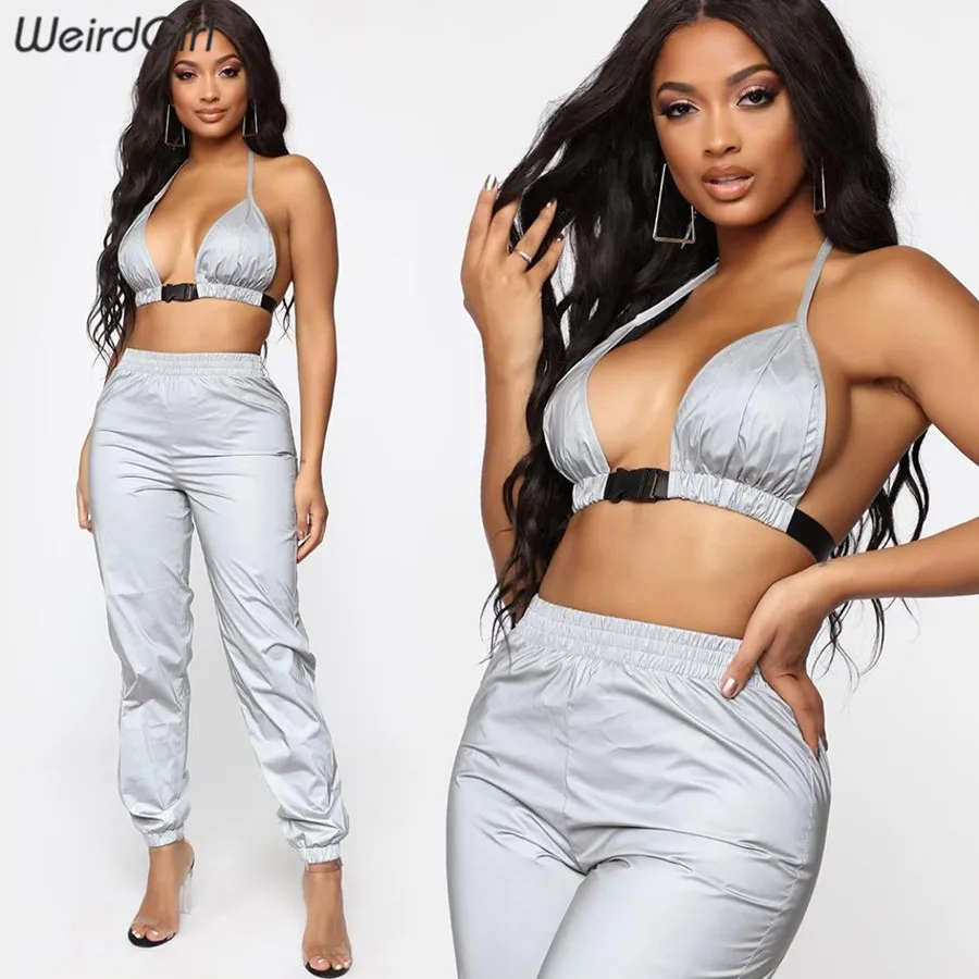 

Weirdgirl Summer Sexy Reflective camis Backless Crop Top slim Bandage Halter For Women Strap Tie Up cool Summer Fashion new Top
