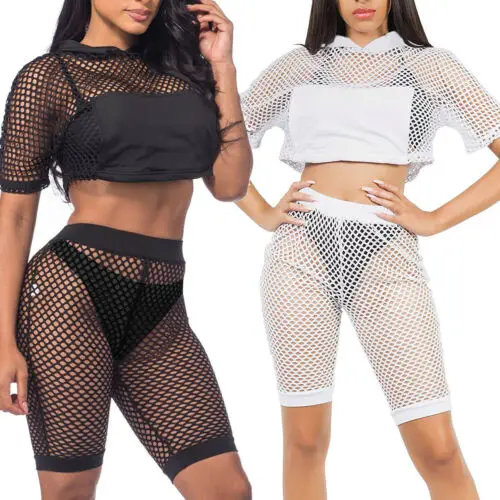 

2PCS Women Ladies Solid Short Sleeve See-Through Mesh Fishnet Crop Short Top T-Shirt and Shorts Summer Beach Cover Up Casual Set