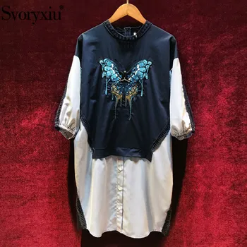 

Svoryxiu Designer Spring Summer Cotton Dress Women's Fashion Half Sleeve Diamond Butterfly Embroidery Casual Loose Dresses 2019