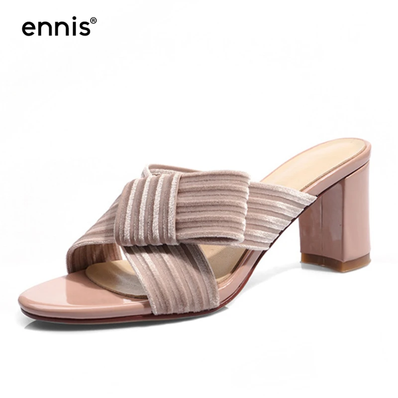 

ENNIS 2019 Striped Velvet Slippers Open Toe Summer Square Heel Slippers Women High Heel Slider Shoes Ladies Pink Sandals M951
