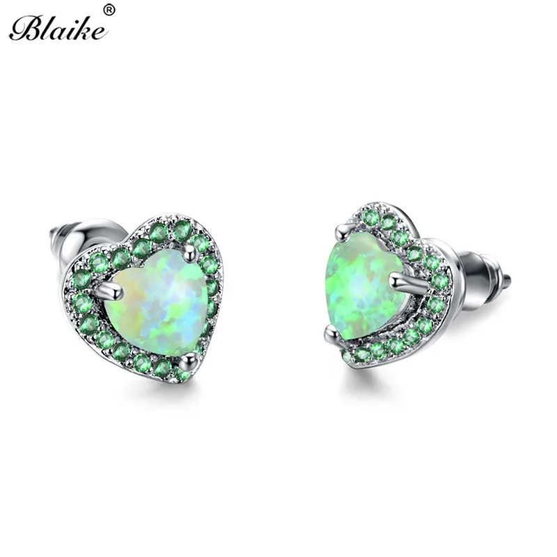 

Blaike 925 Sterling Silver Filled Green Zircon Birthstone Earrings For Women Heart Green Fire Opal Stud Earring Fashion Gifts