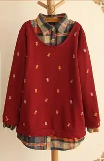 AREALNA осеннее кимоно поддельные две клетчатые женские толстовки с принтом ананаса mori girl пуловеры moletom feminino 4XL - Цвет: wine