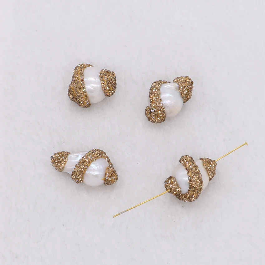 

Natural pearl pendants beads inner hole pave gold cz beads handcrafted Gems jewelry finding for women 1165