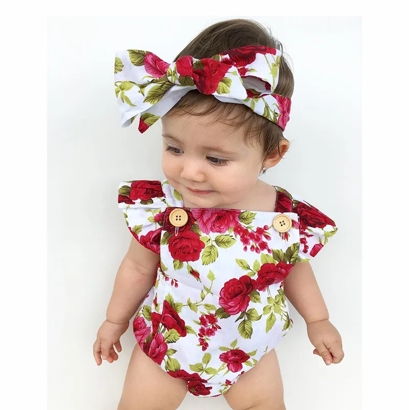 

Red floral romper and headband set / romper with wooden button 2017