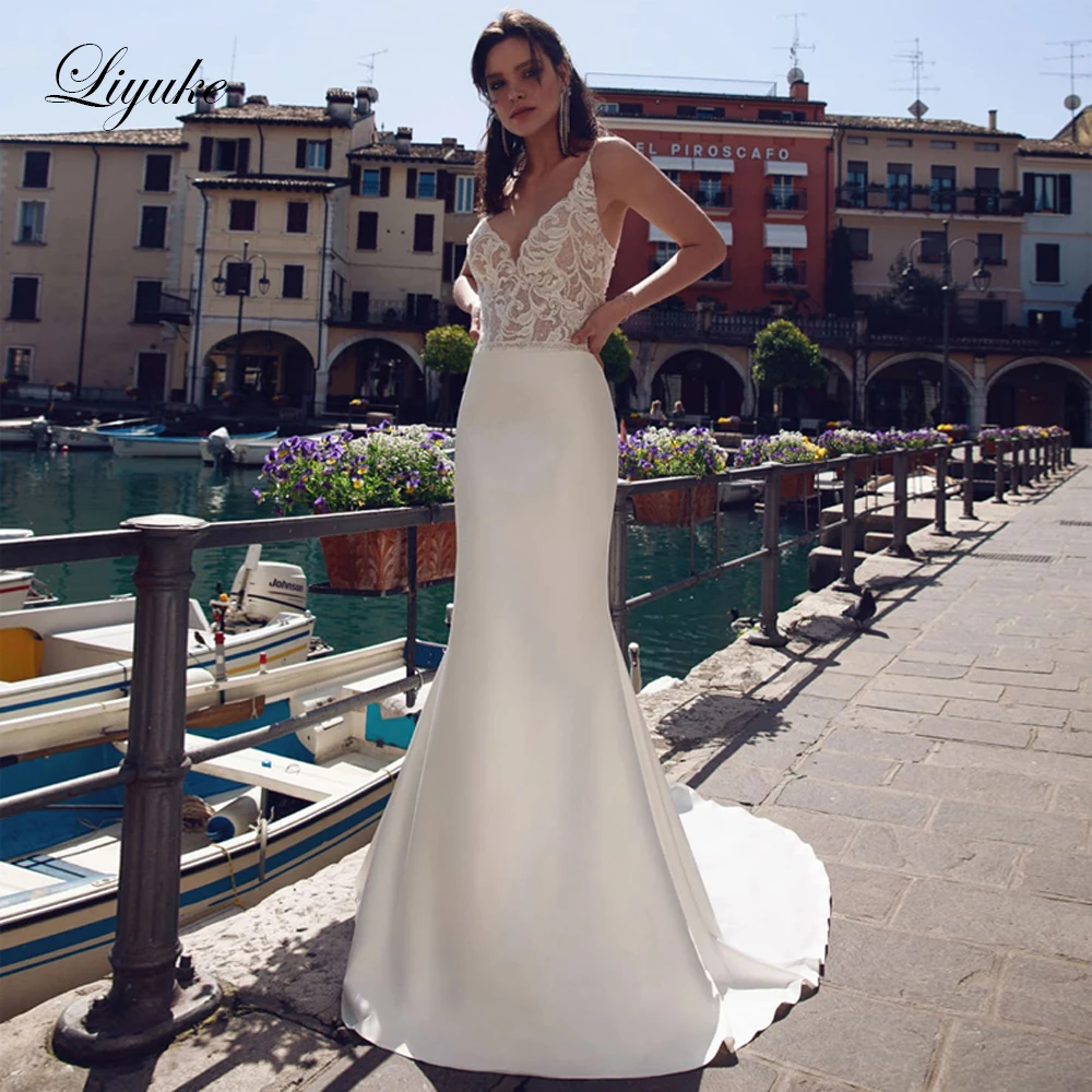 

Liyuke Marvelous Spaghetti Straps Mermaid Wedding Dress Of Soft Satin Elegant Fitting Well Vestido De Noiva