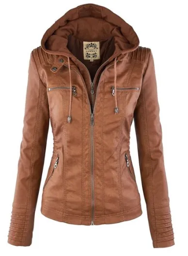 JuneLove, женские толстовки, зимняя байкерская куртка, Хит, отложной воротник, женская верхняя одежда, искусственная кожа, искусственная кожа, Женская куртка, пальто - Цвет: brown