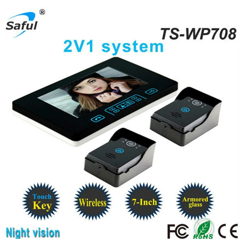 US $129.35 Wireless Unlock Hands Free Call Talk 7Lcd Monitor Wireless Video Intercom System Doorphone With 2 Pcs Rainproof Outdoor Camera