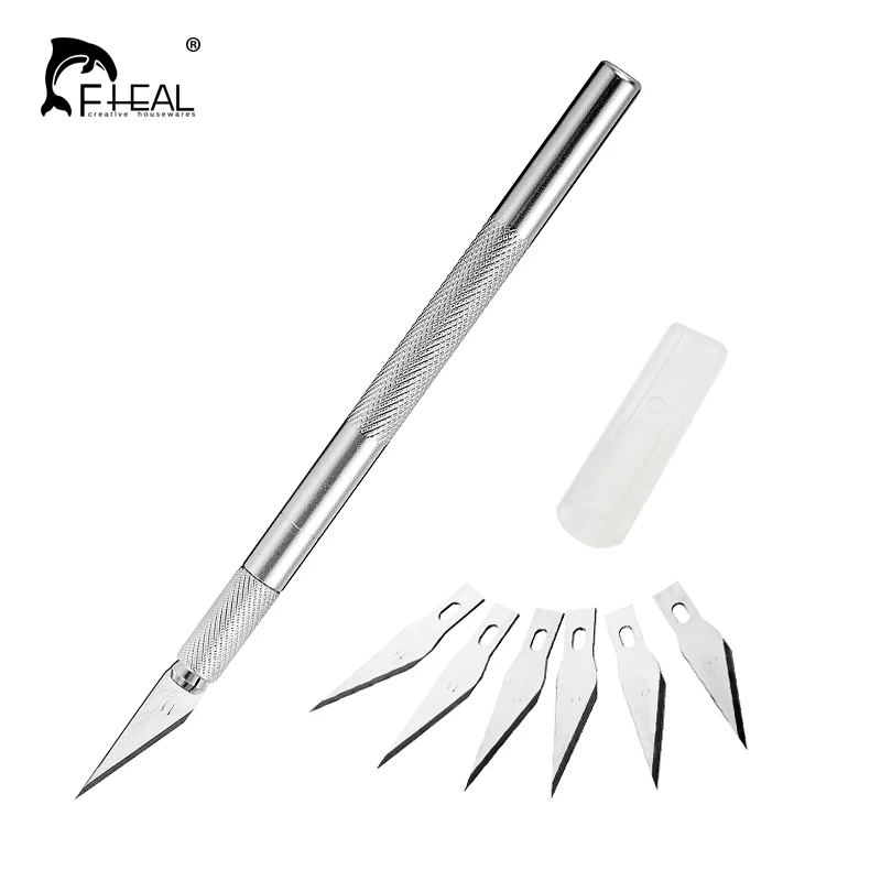 

FHEAL Non-Slip Metal Engraving Knife Fruit Food Craft Sculpture Engraving Utility Knife with 6pcs Blades Baking Pastry Tools