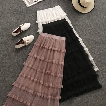 

2020 Spring New Arrival High Waist Long White Skirts Mesh Layer Skirt Fairy Lace Stitching Long Skirts For Women Free Shipping