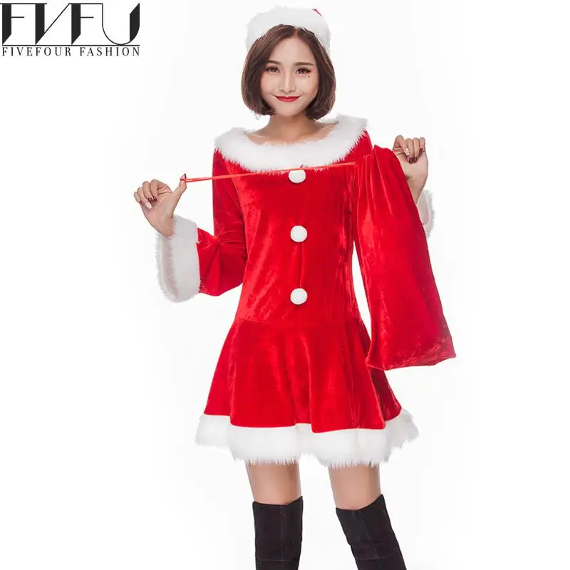 Fashion 2017 Christmas Costumes Winter Cute Red Fancy Dress With Pocket