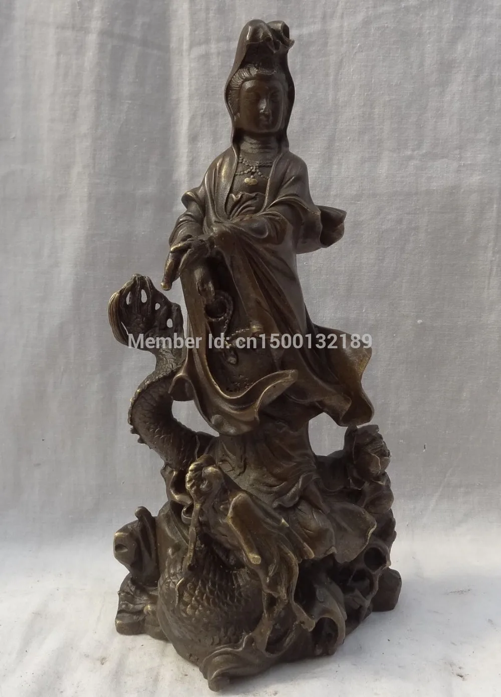 

xd 0021 9" Chinese Pure Bronze Standing Head Kwan-Yin Guan Yin Pot Ride Dragon Statue