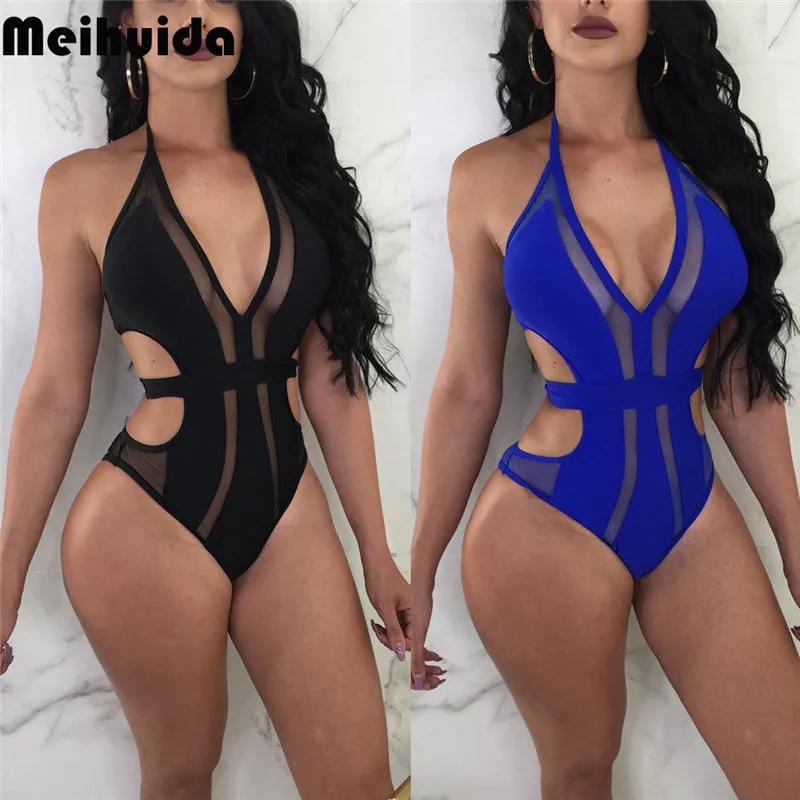 

2018 Sexy Women One Piece Swimsuit New Ladies Backless Swimwear Monokini Brazilian Push Up Bikini Transparent Mesh Bathing Suit