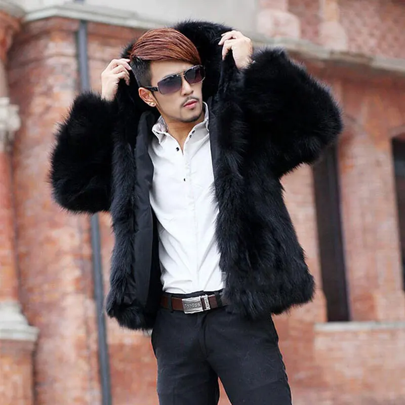 

2018 Winter Autumn men's hooded faux fox fur coat Men fur jackets casaco Thickening warm winter Outwear leisure male overcoats
