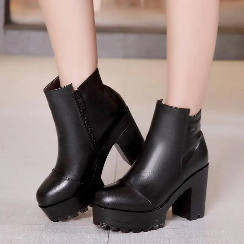 Зимние Ботинки martin на высоком каблуке 10 см; ковбойские ботинки; женские черные ботинки на платформе; размеры 32-43 - Color: Black