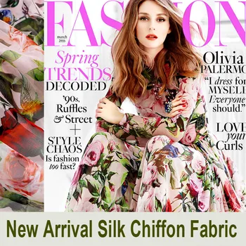 

140CM Wide 6MM Pink Floral Green Leaves Print Silk Chiffon Fabric for Summer Dress Shirt Clothes E081