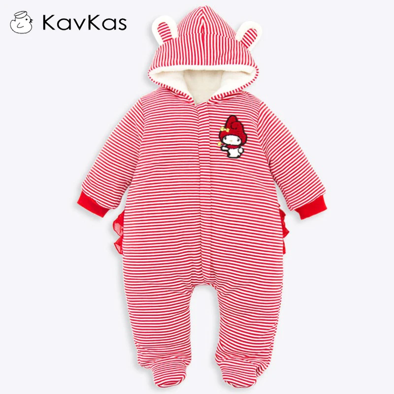 

Kavkas Baby Boy Girl Jumpsuit Leopard Stripe Hooded Rompers Newborn Plush Cotton Winter Warm Clothing Bebes Coverall Snowsuit