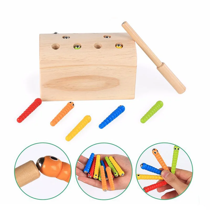 

Wooden Magnetic Fishing Toy Insect Game Worm Toy Shape Matching Kids Early Educational Toys Parent-child Interactive Games