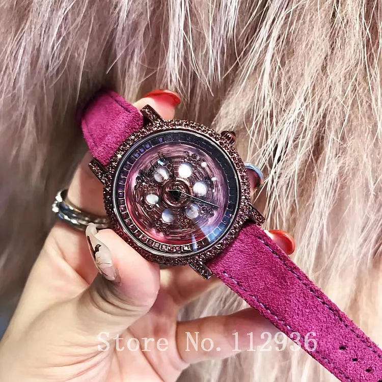 Одежда высшего качества роскошный леди кристалл часы Женское платье часы плюшевые из натуральной кожи вращающиеся часы полный фиолетовый женский Наручные часы