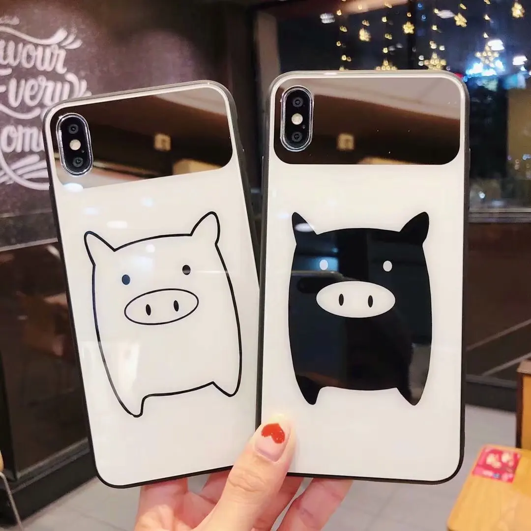 Luxury Glass mirror Phone Case For iPhone 6 6s 7 8 Plus Cute Pig XS Max XR X Shockproof Hybrid Couples | Мобильные телефоны и