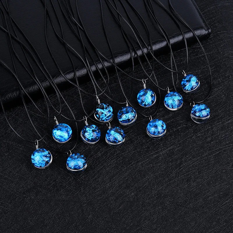 

LE SKY Charm Glass Zodiac Chunky Luminous Necklaces 12 Constellation Series Night Fluorescence Pendant Jewelry for Men Women