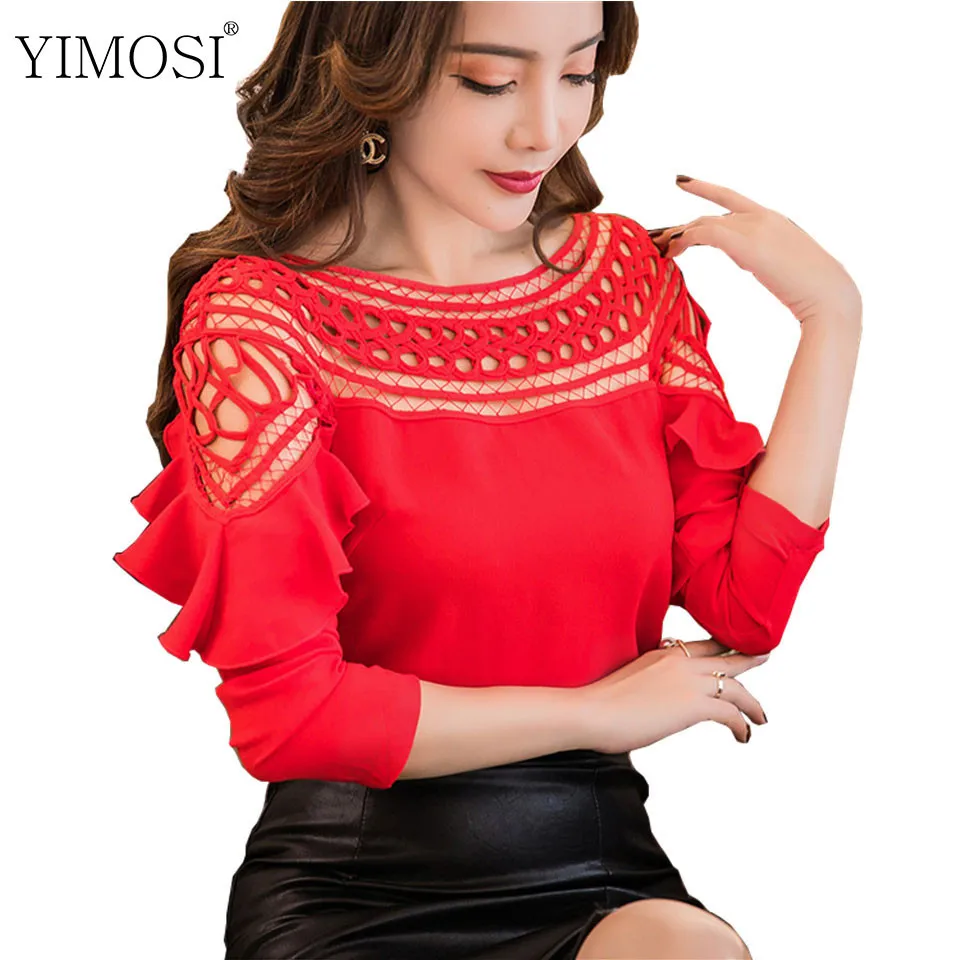 

2018 Spring Summer Women Chiffon Blouse Shirts Casual Long Sleeve Ruffle Lace Patchwork Blouse Sexy Hollow Out Tops Plus Size