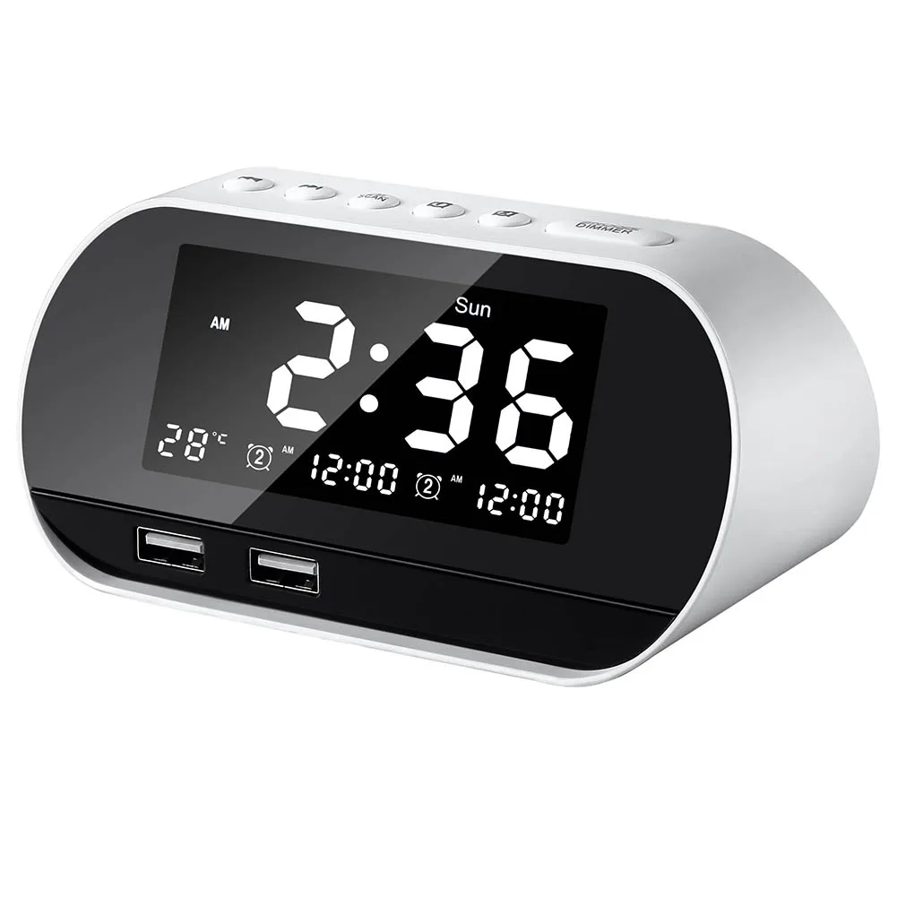 

Mini Dual USB Rechargeable Wireless Radio with FM antenna Channel 87.5-108 mhz Smart Alarm Clock Radio with LCD Time Display