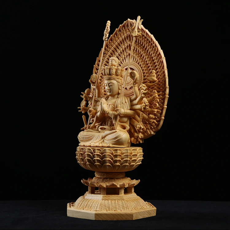 Japan Carving Buddha Statue Guanyin and The Thousand Arms Goddess Western Trinity Solid Wood Feng Shui Buda Statues for Decors