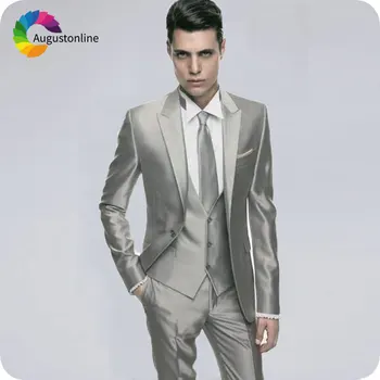 Tanie Włoski Slim Fit Kostium Homme Srebrny/szary Mężczyzna Garnitury ślubne Szczyt Lapel 3 Sztuk Groom Smokingi Mężczyzna Blazers Terno Masculino