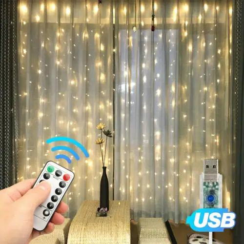

100LED Party Wedding Curtain Fairy Lights USB String Light Home w/Remote Control
