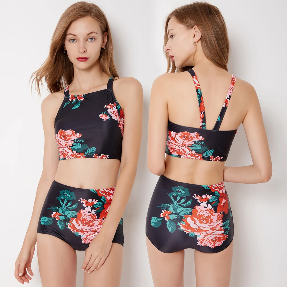 

High Quality Two-Piece Swimwear Fashion Flower Print Swimsuit Bathing Suits Elegant Women Swimming Suit Bikini Set Plus Size XXL