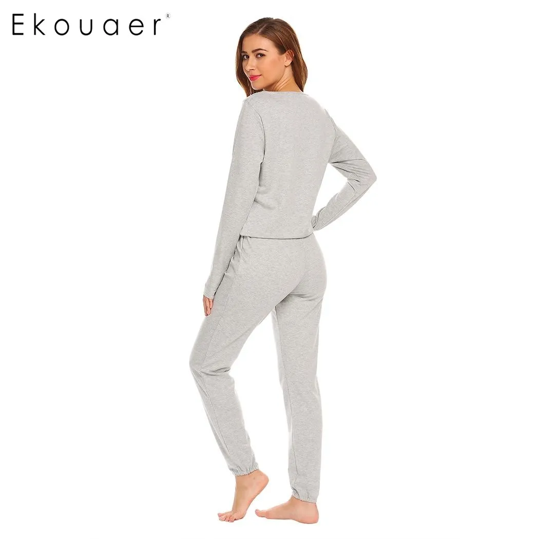 Ekouaer, женская повседневная одежда для сна, пижама, набор, круглый вырез, длинный рукав, сплошной шнурок, топ и штаны, пижама, ночные рубашки, Женская домашняя одежда