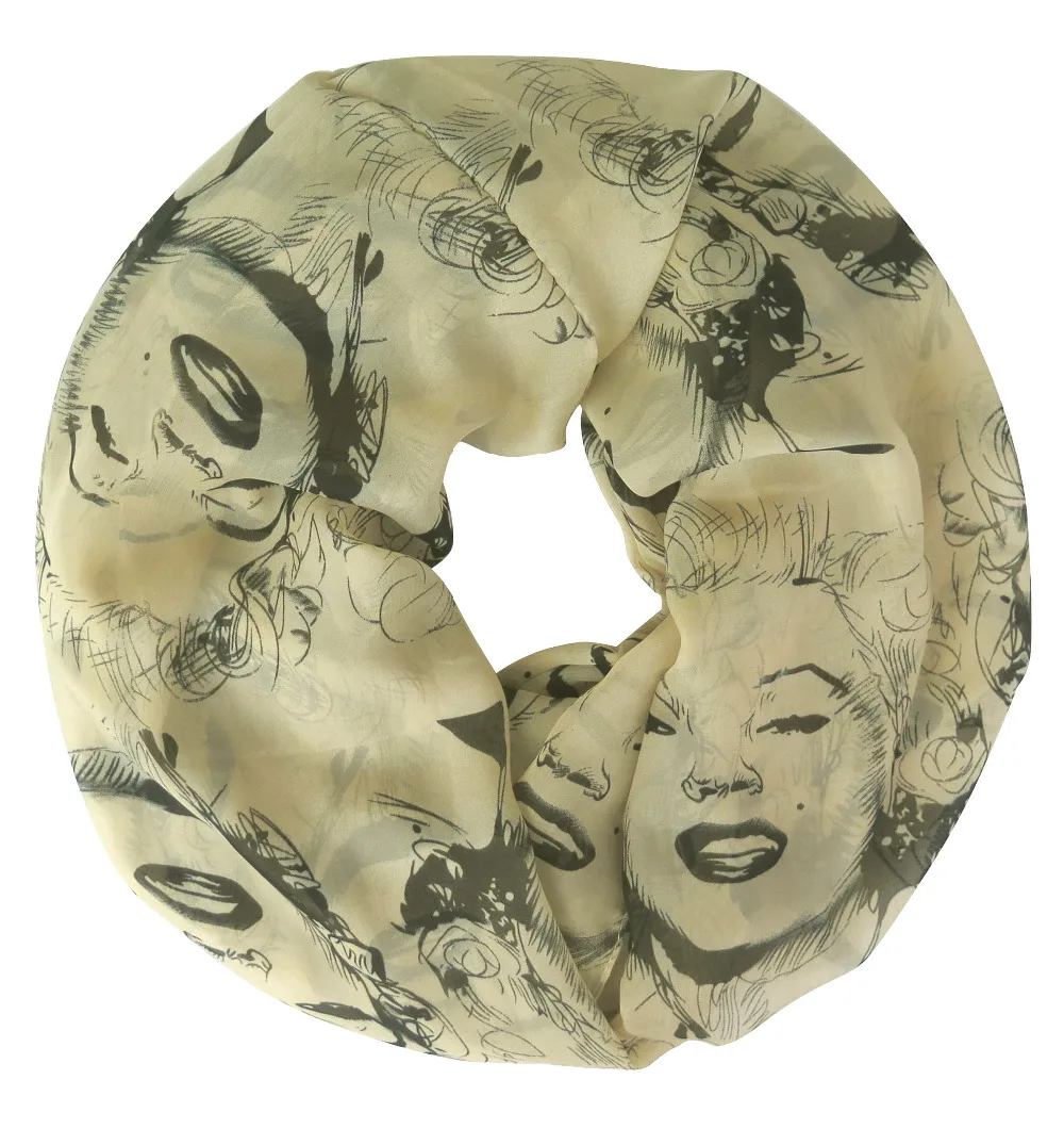 

10pcs/lot Marilyn Monroe Print Women's Infinity Loop Silky Chiffon Summer Scarf Ultra-thin, Free Shipping