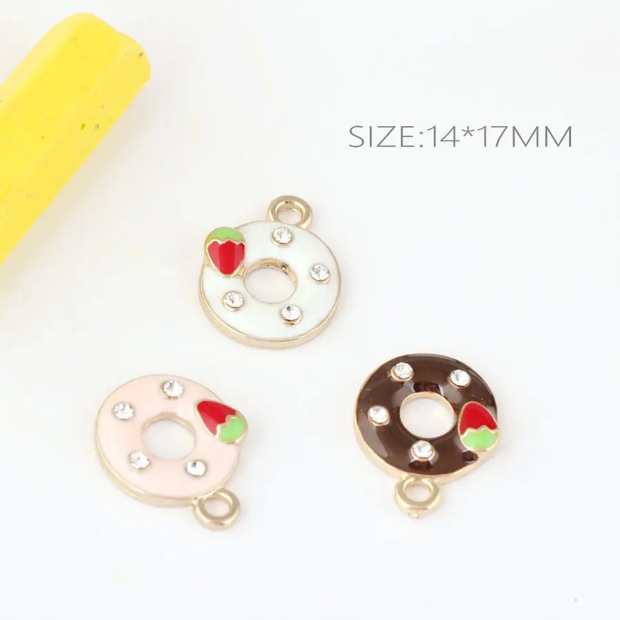 100PCs 30PCs Kawaii Enamel Alloy Pendant Charms Gold Tone Rhinestone Paved Fruit Strawberry Donut Round Floating Oil Drop Charm | Украшения