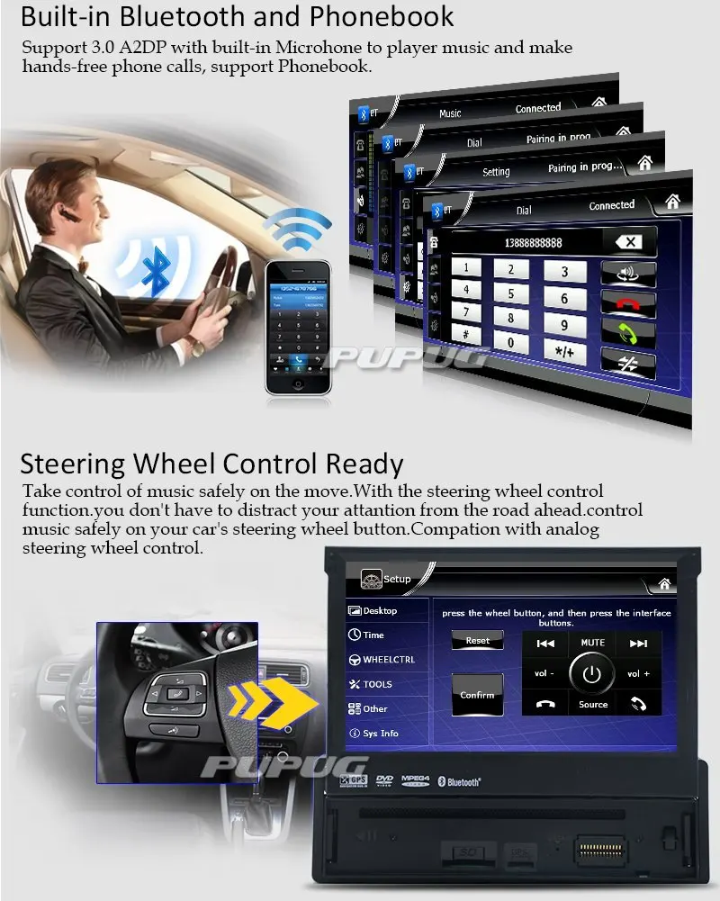 Cheap Eincar AUDIO BV9976B Single-DIN 7 inch Motorized Touchscreen DVD Player Receiver Detachable Panel Car Radio Stereo Bluetooth Wir 2