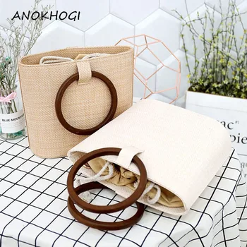 

Solid Khaki Handmade Straw Woven Women Tote Bags Weave Circle Handles Ladies Bucket Bag New Hot Vintage Cross Body Bags B22