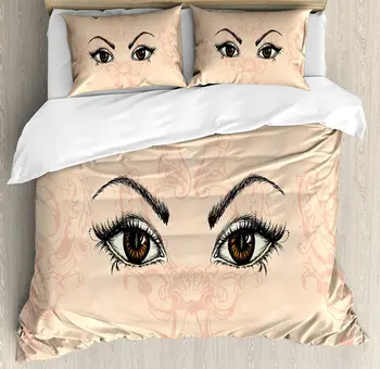 

Eyelash Duvet Cover Set Sketch Style Pair of Woman Eyes Female Look with Victorian Floral Ornaments 4 Piece Bedding Set