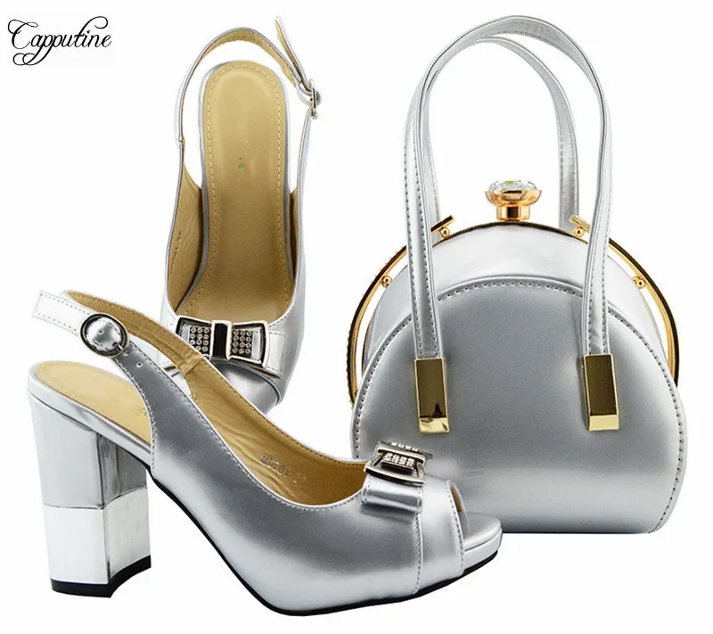 

Pretty high heel sandal shoes and bag set latest pumps with handbag MD001 in silver ,heel height 9.5cm