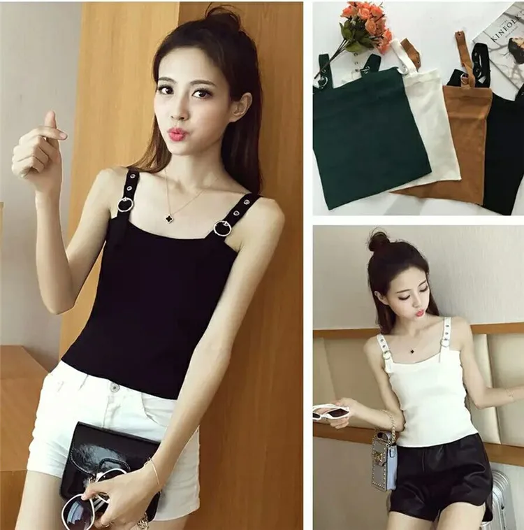

Women's Camis New Summer Vest Elastic Fashion Solid Metal Round Button Short Bottom Knitted Waistcoat Sexy Streetwear Top