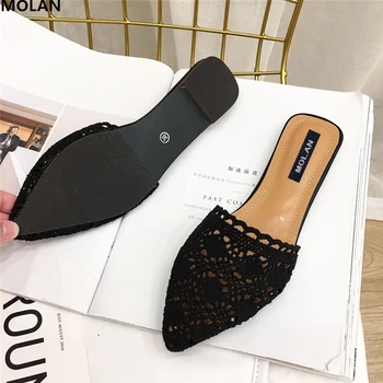 

MOLAN Brand Designer 2019 Summer Sexy Black Apricot Hollow Air Mesh Lady Pointed Slipper Flat Slides Slip On Loafers Mules 35-39